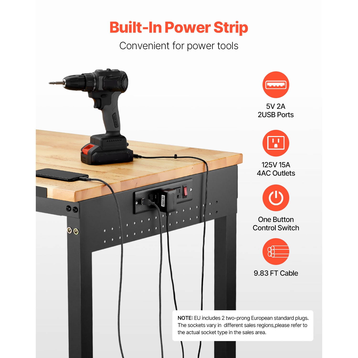 48" Workbench On Wheels Adjustable Height Table With Power Outlet & Pegboard_voghion.com